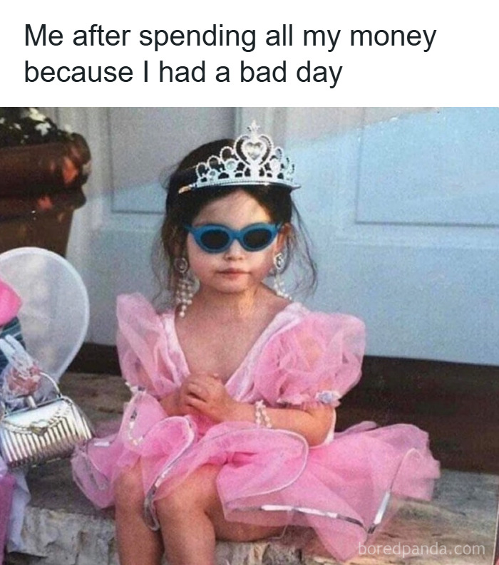 Young girl in a pink dress wearing sunglasses and a tiara, embodying makeup, fashion, and diva life humor.
