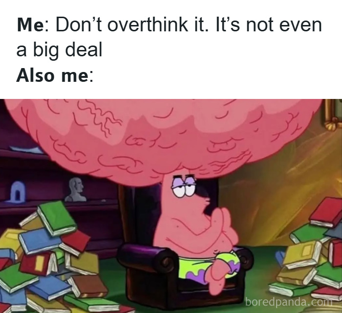Cartoon character sitting in chair with oversized brain, surrounded by books, illustrating random memes and unique experiences.