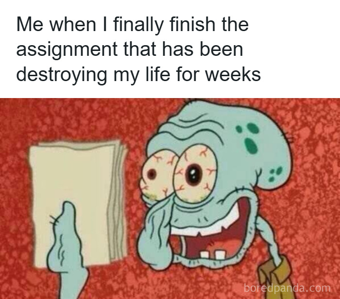 Squidward with red eyes excitedly holding a thick stack of papers, representing random memes about shared life experiences.