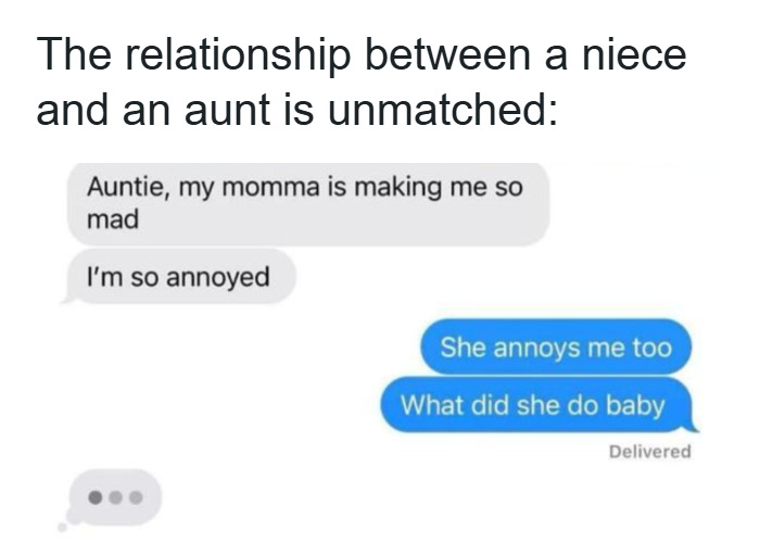 Text message meme showing a niece annoyed by her mom and an aunt responding, highlighting relatable random memes experience.