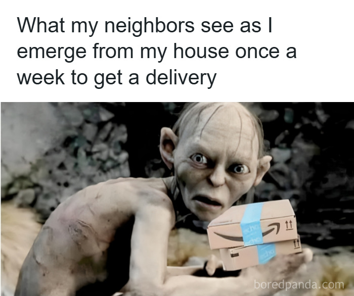 Meme showing a character holding a delivery box, illustrating a common experience in random memes about everyday life.