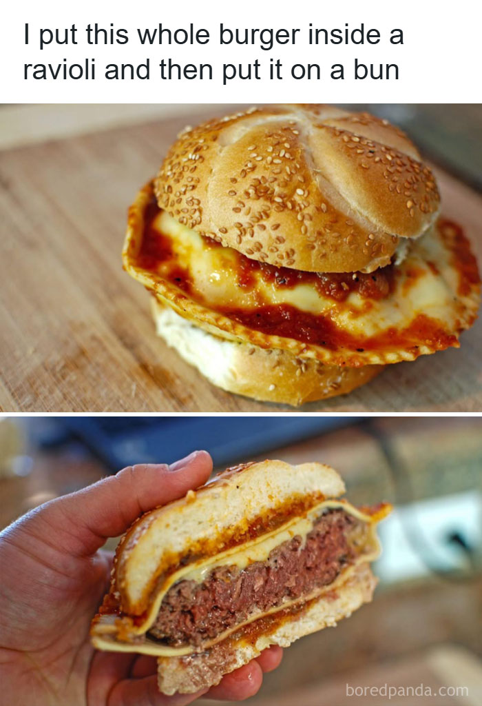 Burger inside a ravioli shell placed on a sesame bun, showcasing one of the dishes that are just stupid in new pics.