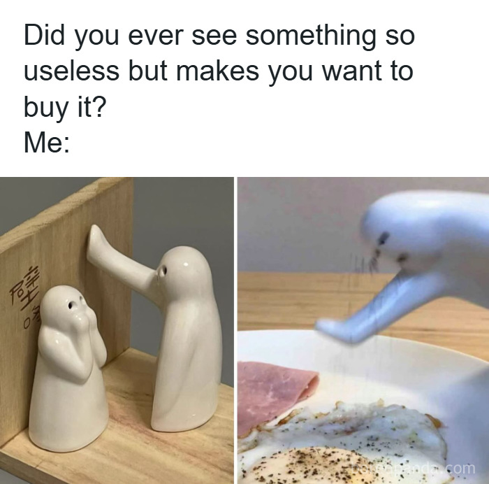 Two images showing quirky random memes with unusual objects, highlighting the theme of unique and useless experiences.