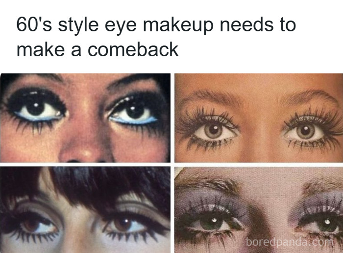 Close-up of four examples of 60's style eye makeup showcasing bold lashes and dramatic fashion makeup looks for the diva life.
