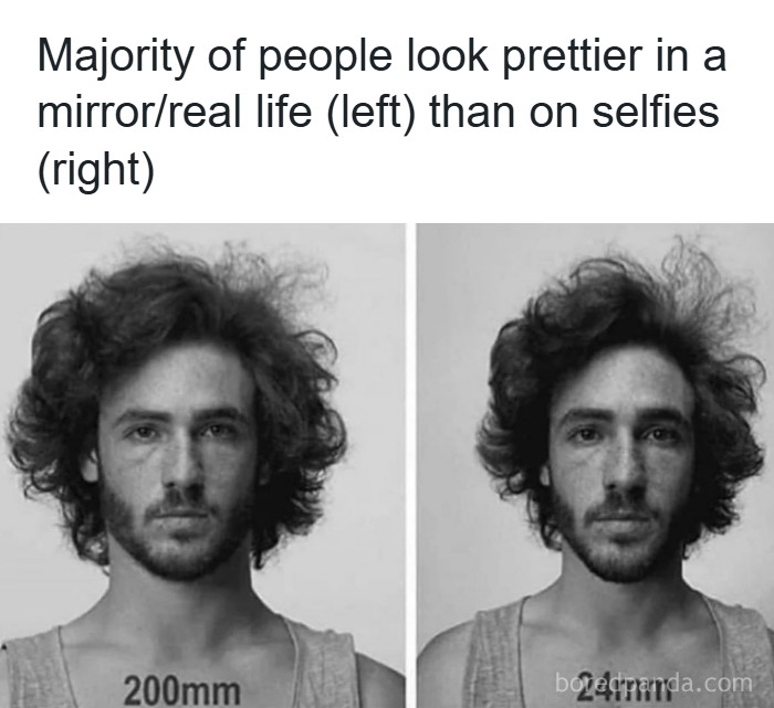 Side-by-side photos showing how makeup and fashion can affect appearance in real life versus selfies with different lenses.