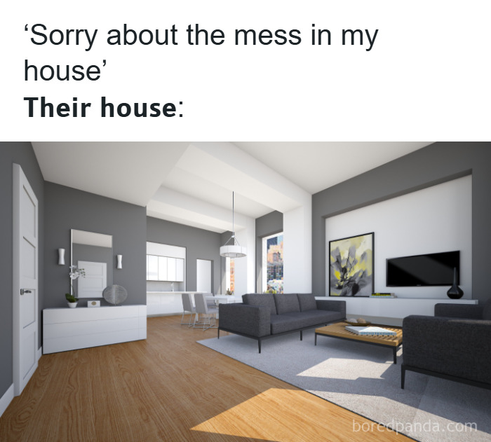 Modern minimalist living room with clean design, highlighting common relatable moments from random memes.