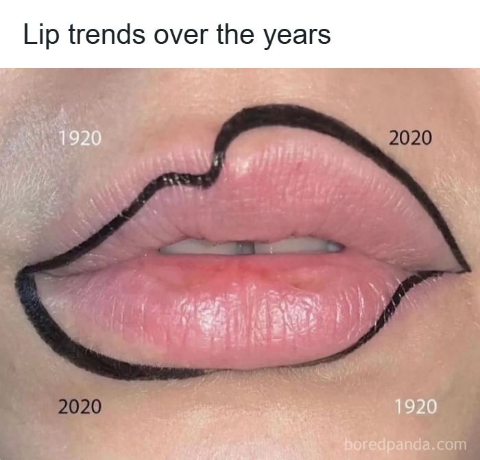Close-up of lips showing makeup lip trends over the years with drawn outlines highlighting 1920 and 2020 styles.