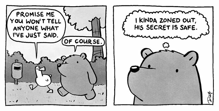 Bear and duck in a humorous comic strip by Dudolf, featuring a secret and playful dialogue in a park setting.