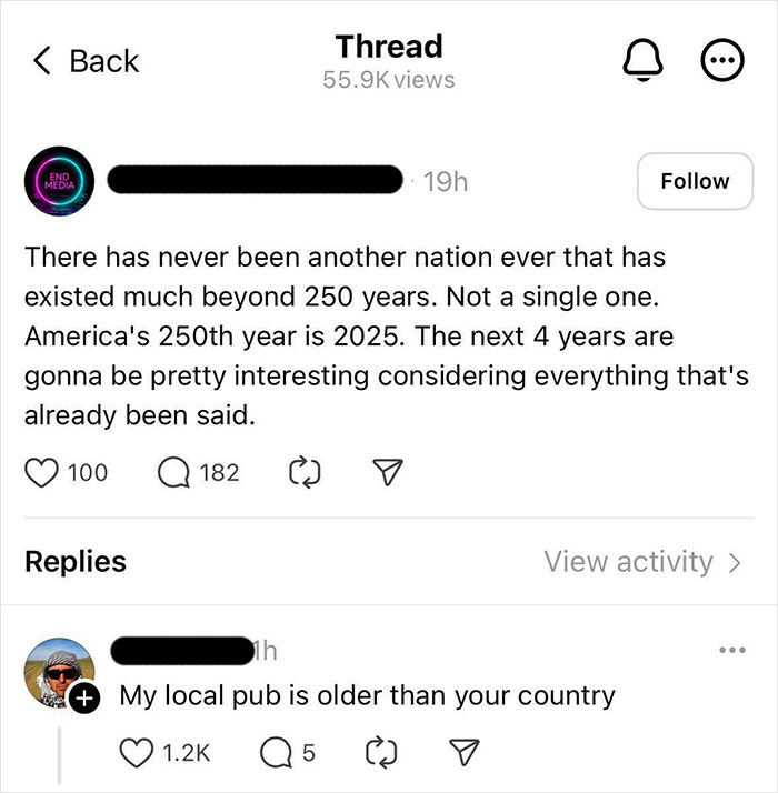 Social media thread showing Americans confidently posting historically inaccurate claims about their country's age.