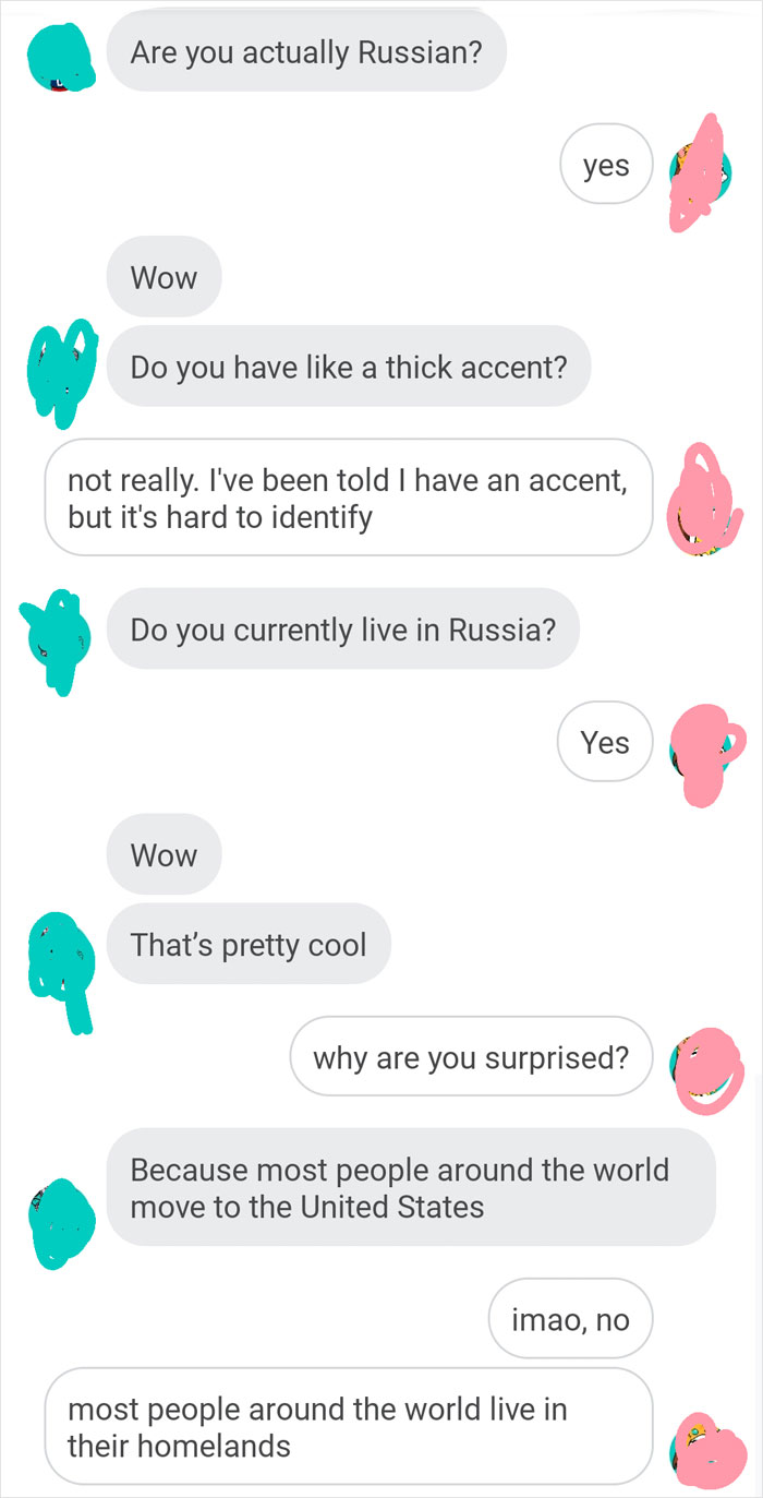 Text conversation showing a humorous and dumb exchange about accents and living in Russia, highlighting American misconceptions.