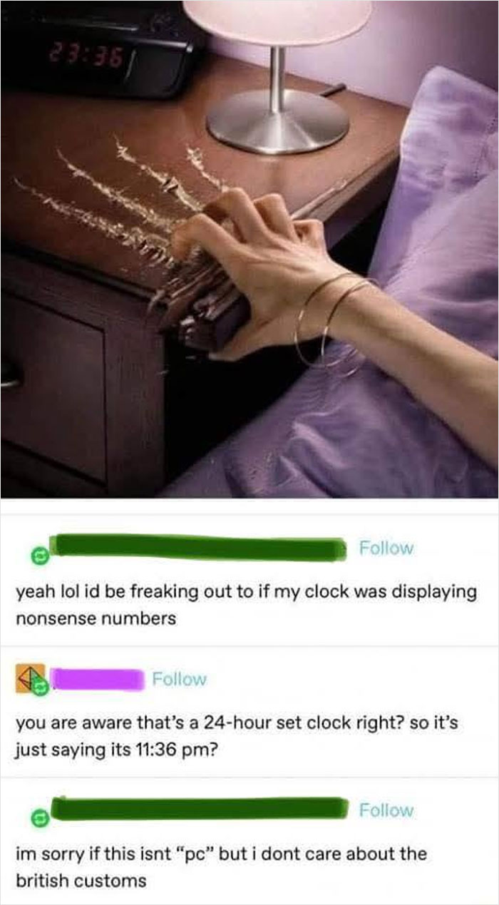 Hand scratching a nightstand with 24-hour clock, with humorous comments showcasing dumbest things Americans posted.