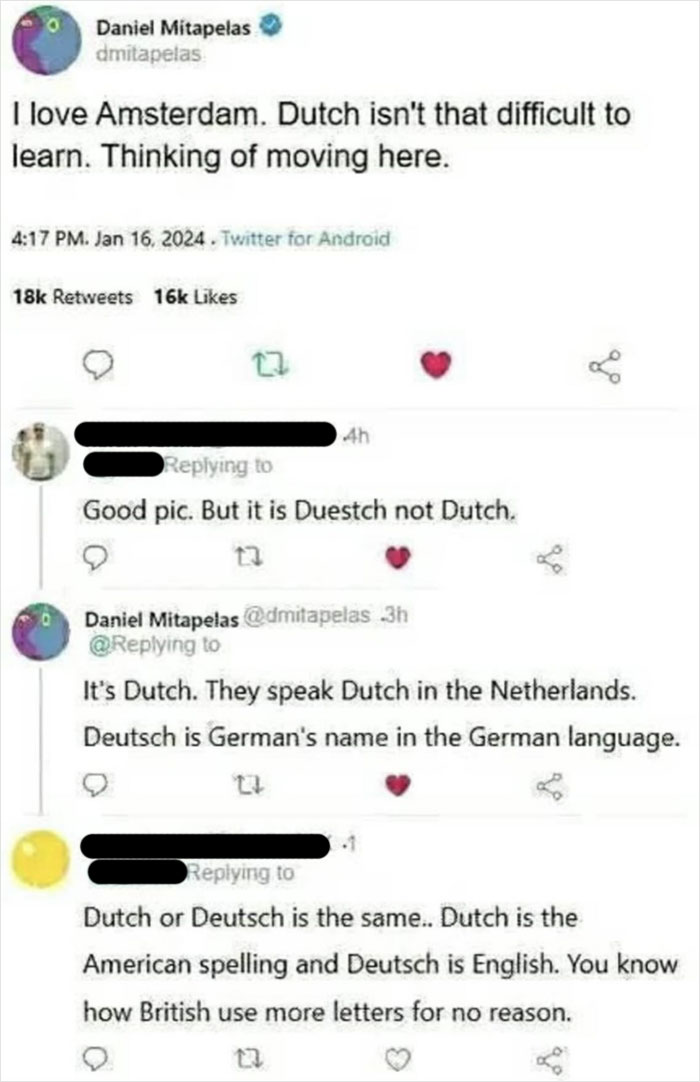 Screenshot of a humorous Twitter thread showing confusion over the difference between Dutch and Deutsch language terms.