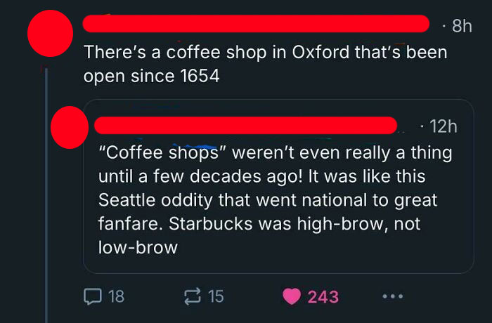 Screenshot of social media posts showing a user incorrectly claiming a coffee shop in Oxford opened in 1654.