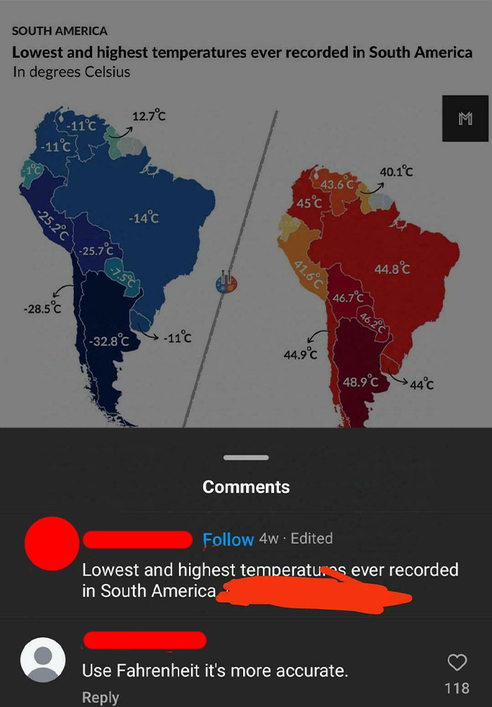 Map showing lowest and highest temperatures ever recorded in South America with comments highlighting dumb posts.