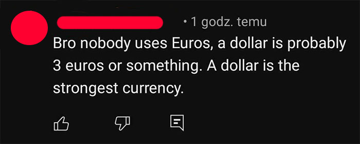 Comment claiming the dollar is the strongest currency, featured in a post about dumbest things Americans confidently say.