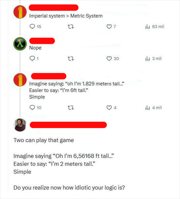 Twitter conversation showing humorous debate on imperial vs metric system, highlighting dumbest things Americans confidently posted.