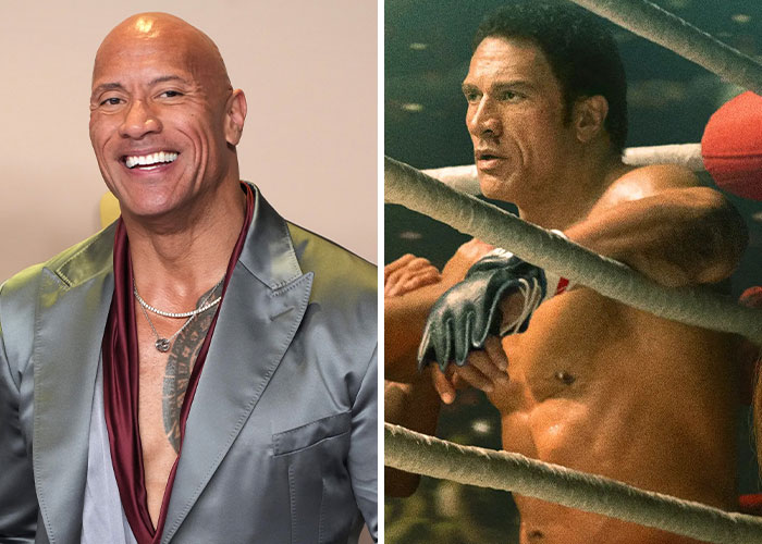 Dwayne Johnson smiling in a suit next to a shirtless actor intensely boxing in a ring, showing actors who pushed themselves.
