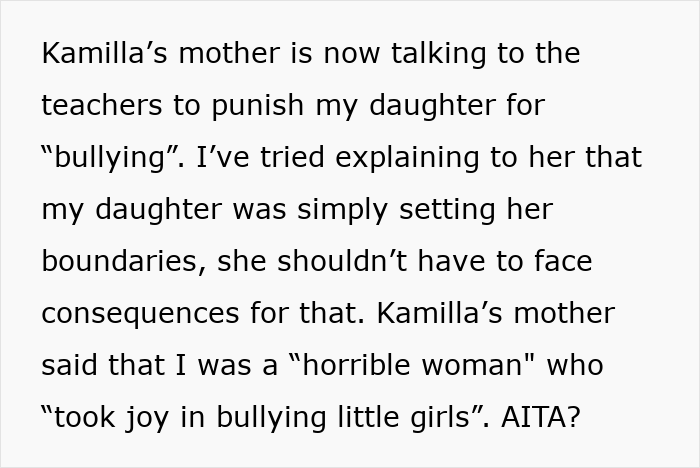 ALT text: Text about a 13-year-old refusing to invite a girl from school, causing conflict over bullying and boundaries.