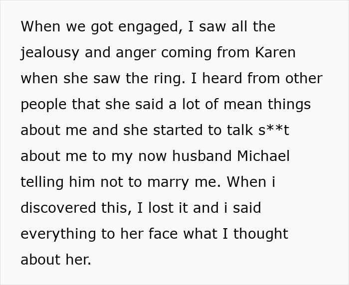 Text excerpt describing jealousy and anger from Karen about an engagement ring, leading to confrontation with her.