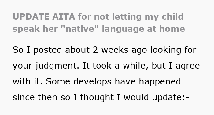 Screenshot of a Reddit post discussing not letting a child speak her native language at home and seeking judgment.