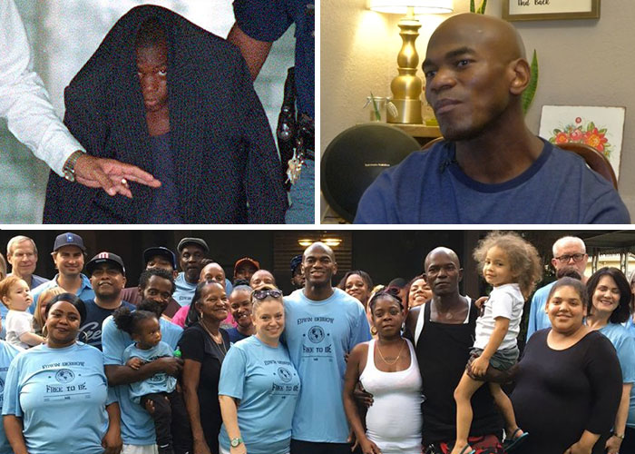 Child criminal depicted in three stages: as a youth in custody, in an interview, and with a large supportive group now free.