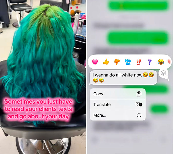 Client texts showing entitled demands during hair color service with vibrant green and blue hair in salon chair.