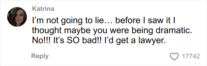 Comment from Katrina expressing shock at tree law situation, advising to get a lawyer after neighbor bulldozed trees.