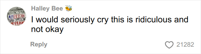 Comment on social media expressing distress over tree law dispute after neighbor bulldozed all her trees, sparking debate.