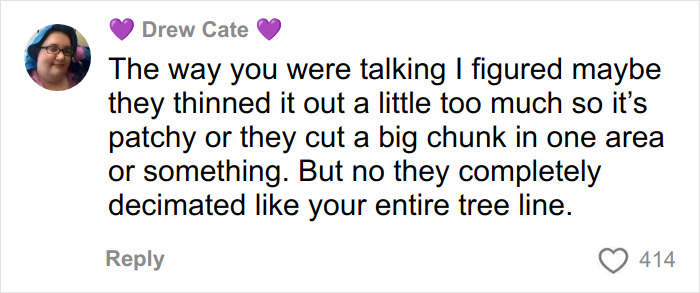 A woman commenting on tree law and discussing the complete removal of her entire tree line by a neighbor.