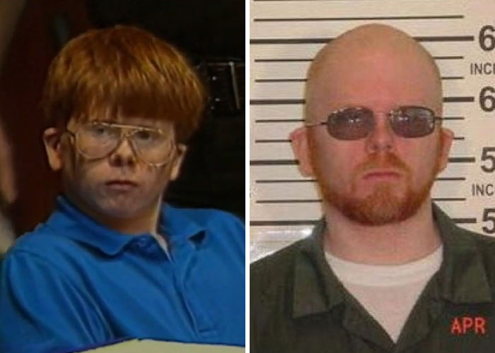 Side-by-side photos of a child and adult showing notable child criminals who committed disturbing acts and are now free.