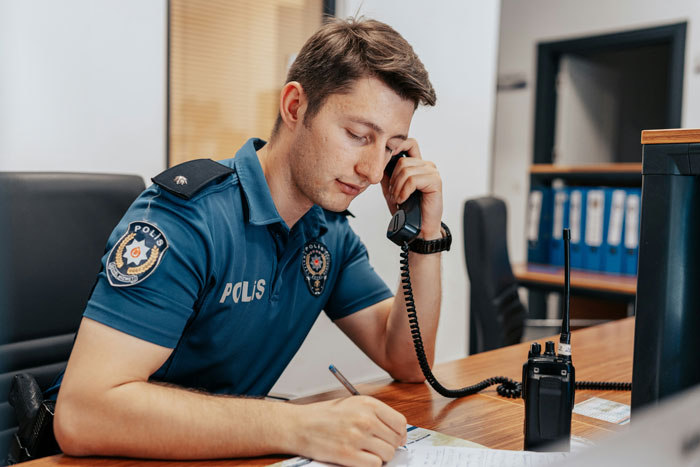 Police officer in uniform talking on phone while writing notes, related to traceable AirPods given by ex-husband.