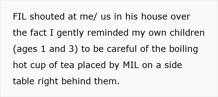 Text describing father-in-law treating daughter-in-law badly causing conflict and husband upset after she bans them from home.
