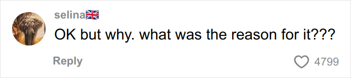 Comment by user selina with a UK flag emoji asking why, displayed on a social media platform with 4799 likes.