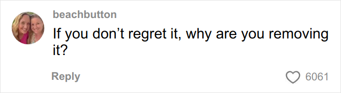 Comment by user beachbutton discussing regret and removal, highlighting a mental health advocate&rsquo;s experience with a face tattoo.