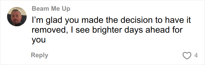 Comment on social media from Beam Me Up expressing support for mental health advocacy and brighter days ahead.