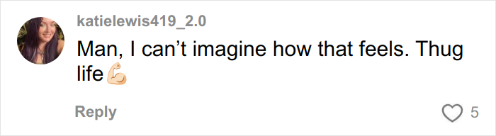 Social media comment showing support with phrase "Thug life" and a flexed bicep emoji on a woman&rsquo;s mental health advocacy post.