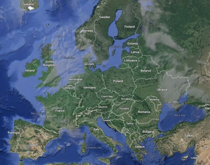 Satellite map image of Europe showing country borders and surrounding seas, related to true facts people share.