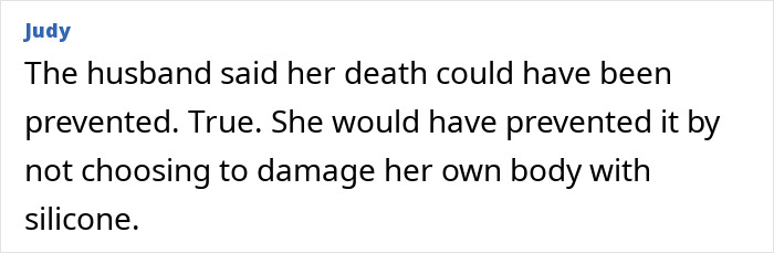 Comment by Judy about a fake plastic surgeon causing death from botched silicone injections shared online.