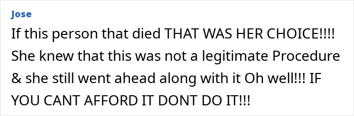 Comment text in black font on a white background discussing a fake plastic surgeon and botched silicone injections.