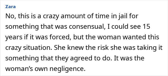Commenter Zara discussing jail time and negligence related to botched silicone injections by fake plastic surgeon.