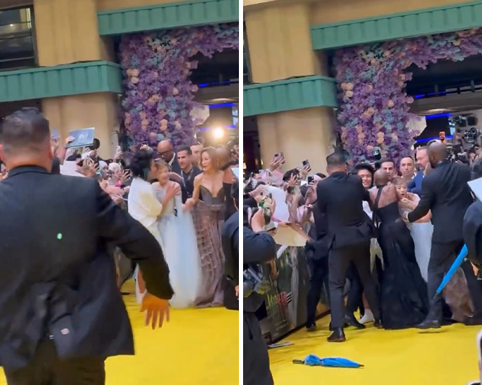 Fan who attacked Ariana Grande at premiere confronts crowd as security intervenes on yellow carpet event.