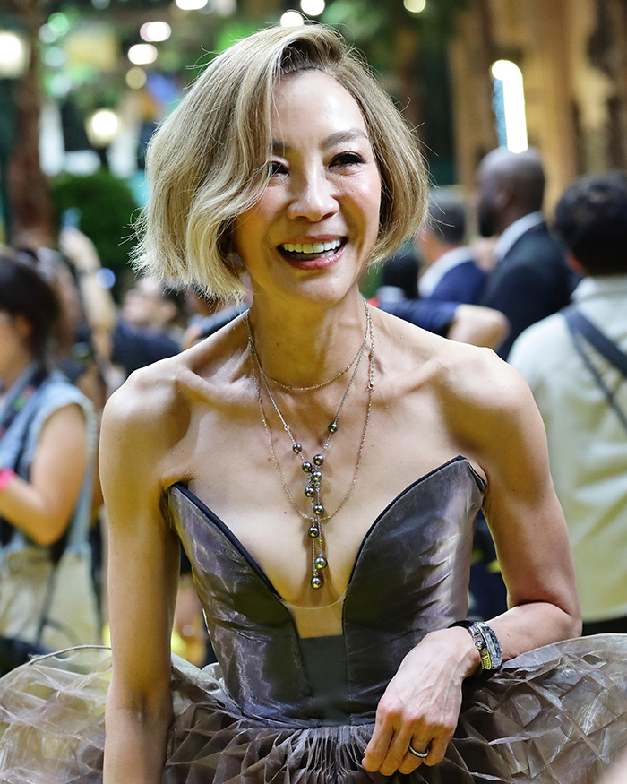 Michelle Yeoh at an event wearing a strapless dress, showing an extremely thin and worrying appearance. Michelle Yeoh at an event wearing a strapless dress, showing an extremely thin and worrying appearance.