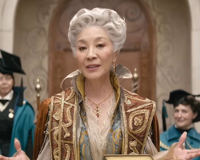 Michelle Yeoh in an ornate costume portraying her thin and worrying appearance in the Wicked before-and-after transformation. Michelle Yeoh in an ornate costume portraying her thin and worrying appearance in the Wicked before-and-after transformation.