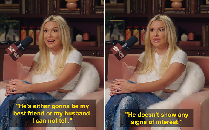 Millie Bobby Brown speaking about her dating story with Jake Bongiovi during a podcast interview in a cozy setting.