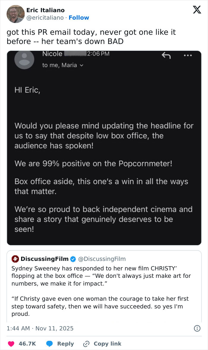 Leaked PR email showing Sydney Sweeney's reps managing damage control after Christy flops at box office.