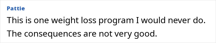 Comment text discussing a weight loss program with negative consequences, related to a fitness coach story.