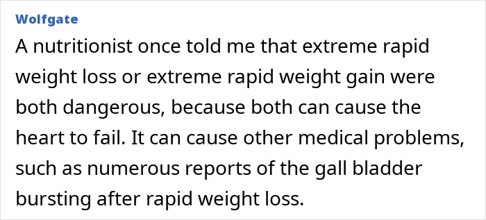 Text excerpt discussing health risks of extreme weight changes, related to fitness coach and binge-eating challenge involving mayo.