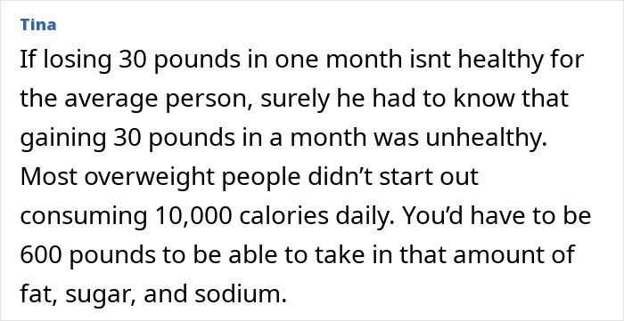 Comment from Tina discussing unhealthy weight gain and excessive calorie intake related to fitness coach binge-eating challenge.