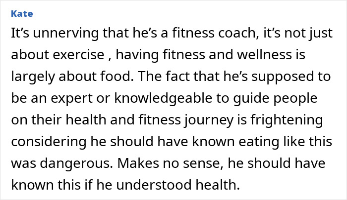 Comment by Kate about a fitness coach discussing dangers of binge-eating and importance of health knowledge in wellness.