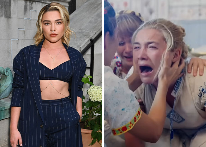 Florence Pugh in a pinstripe suit and emotional movie scene showing actors pushing themselves to the extreme for roles.